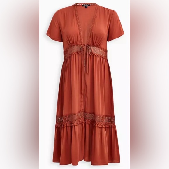 Torrid Duster Length Kimono Tie Front Lace Details in Orange Rust Size 2X - Picture 7 of 15